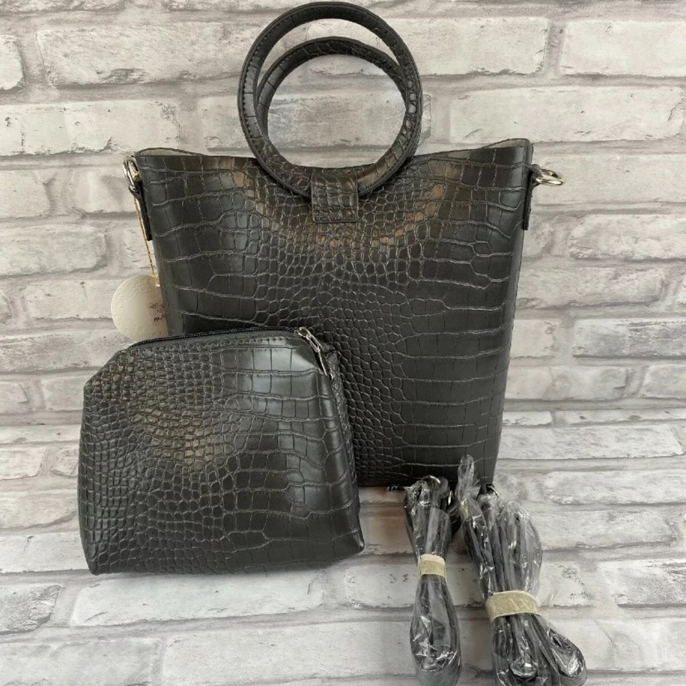 Impshion Handbag Gray Faux Alligator Print 2-Piece